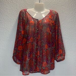 Fred‎ David Women’s XL Red Floral Sheer 3/4 sleeves Blouse Dainty Lace Neckline